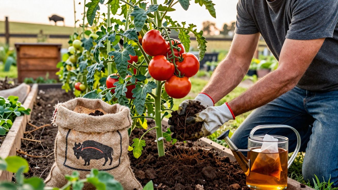Pessoa a cuidar de planta de tomateiros maduros numa horta com saco de estrume e regador ao lado.