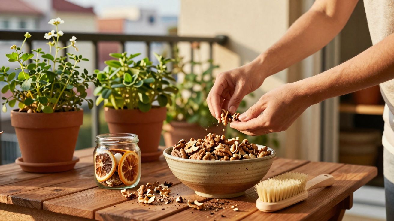 Mãos a partir castanhas numa tigela de barro num terraço com plantas e fatiadas de laranja num frasco.