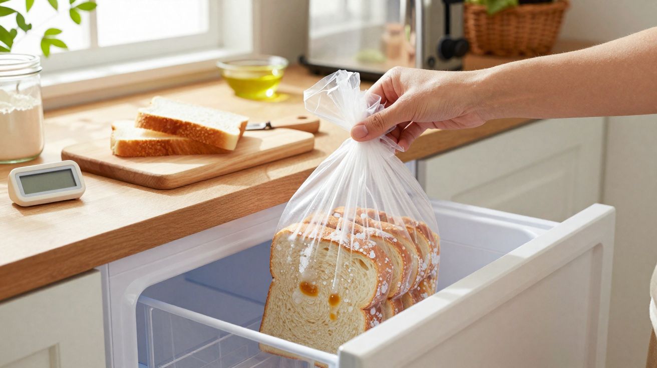 Pessoa a colocar pão fatiado dentro de saco plástico no congelador numa cozinha moderna.