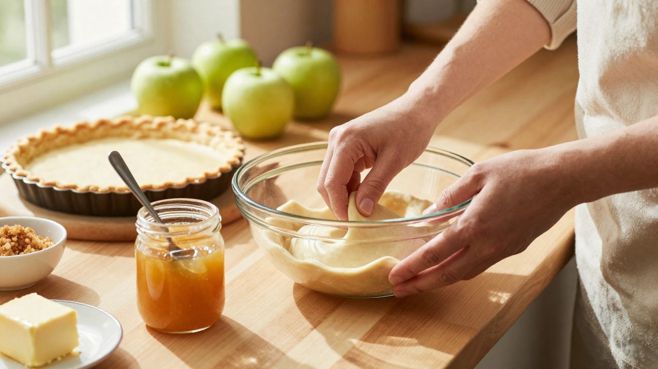 Mãos a colocar massa numa taça de vidro, com ingredientes para tarte de maçã numa cozinha iluminada.