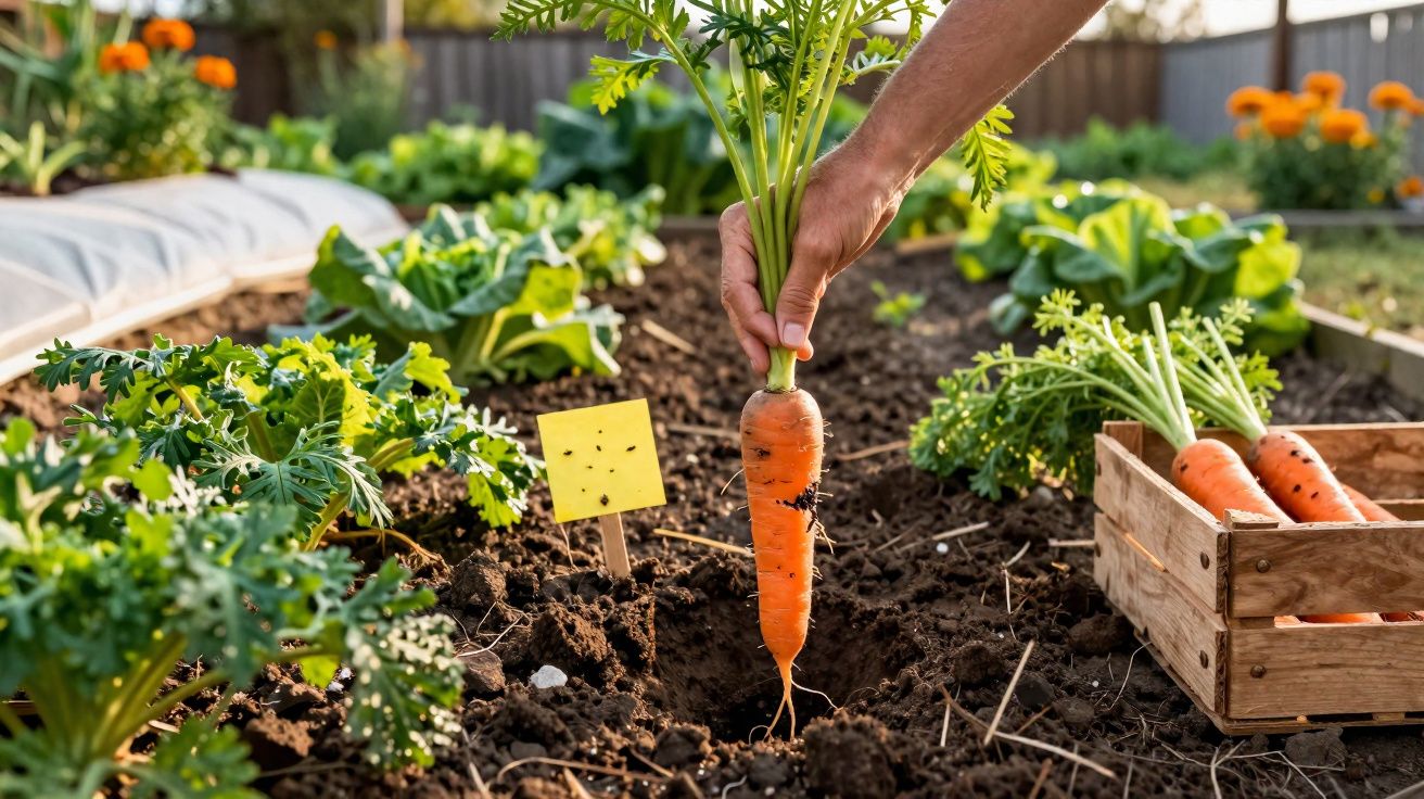 Mão a colher cenoura num jardim com várias plantas e caixa de madeira com cenouras colhidas.