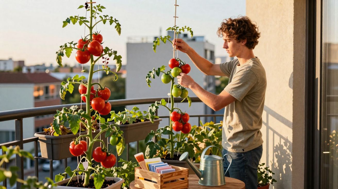 Jovem a colher tomates maduros numa varanda com vasos e utensílios de jardinagem ao entardecer.
