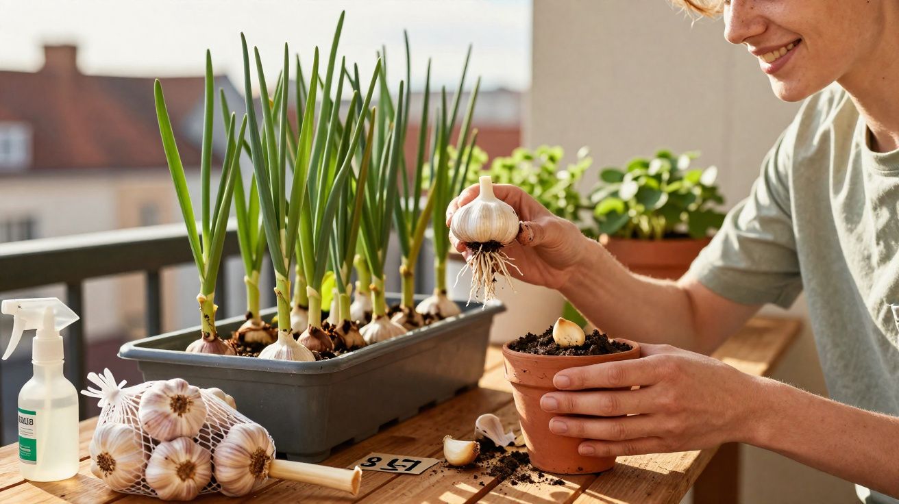 Pessoa planta dentes de alho em vaso de barro numa varanda ensolarada com várias plantas crescidas.