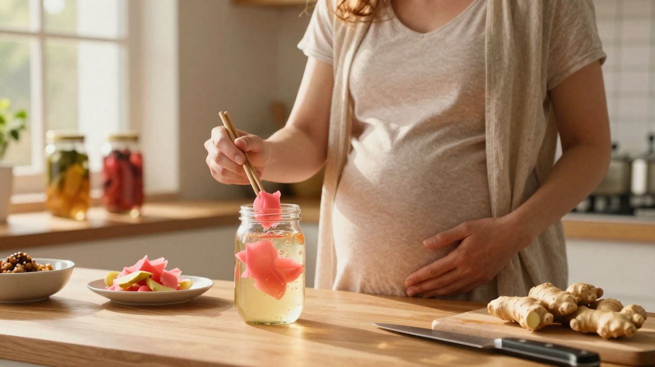 Mulher grávida prepara bebida com pedaços de gengibre numa cozinha moderna e iluminada.