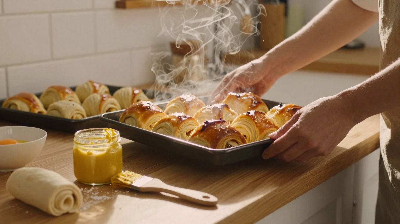 Mãos a retirar tabuleiro com croissants quentes e fumegantes numa cozinha acolhedora.