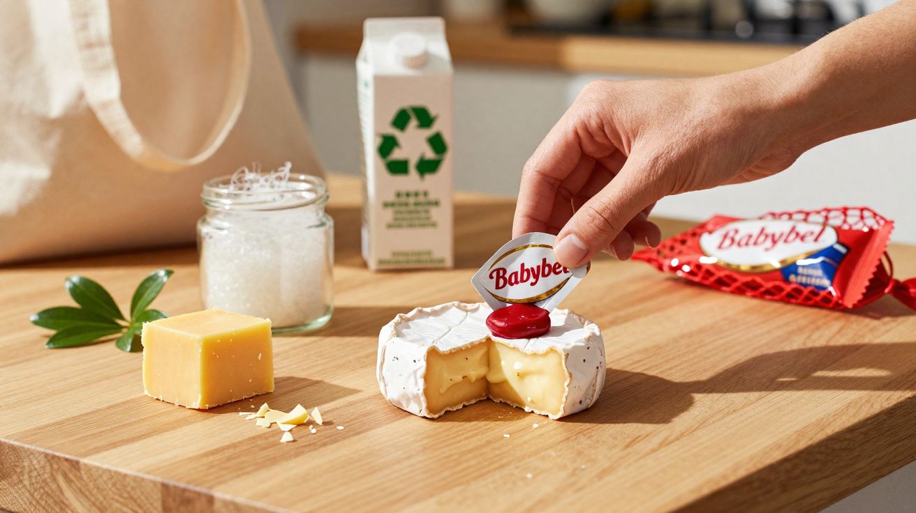 Mão a abrir queijo Babybel redondo sobre tábua de madeira com bloco de queijo e saco reutilizável ao fundo.