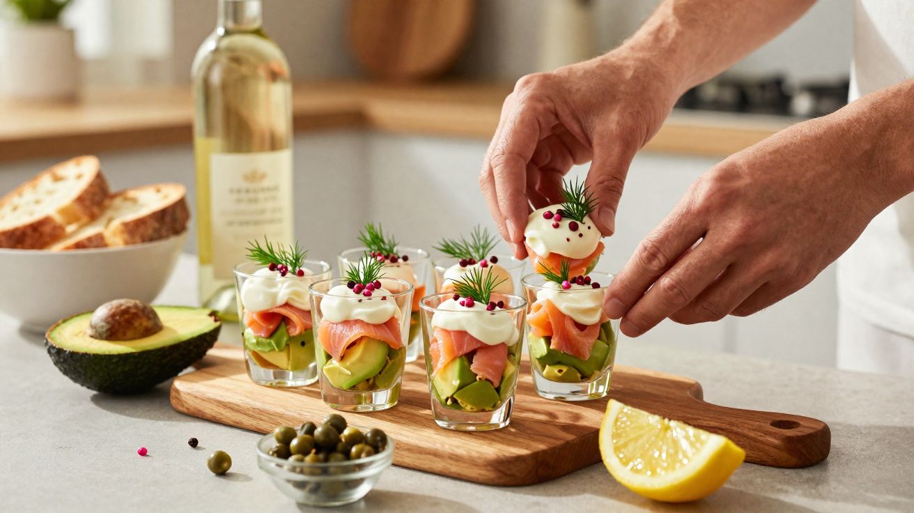 Mãos a decorar copos com aperitivos de salmão, abacate e molho, em tábua de madeira na cozinha.