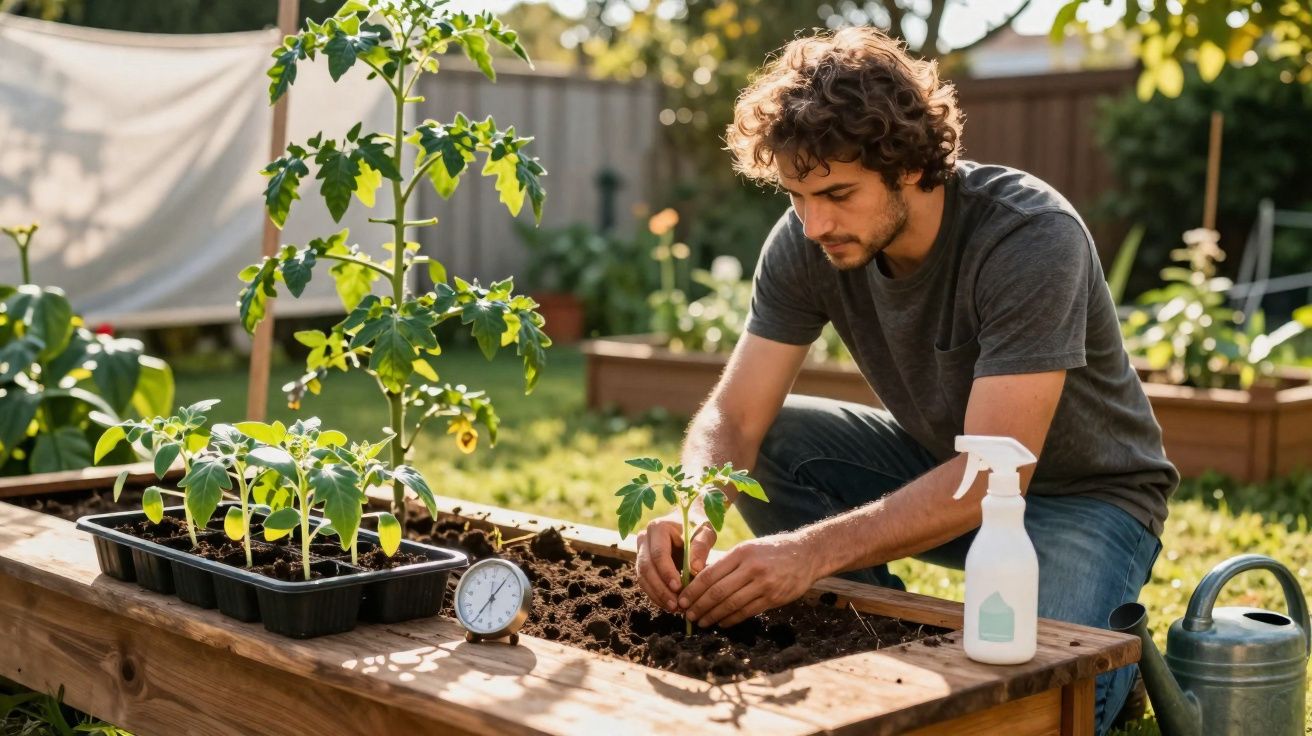 Homem a cuidar de uma planta num jardim elevado ao ar livre numa tarde ensolarada.