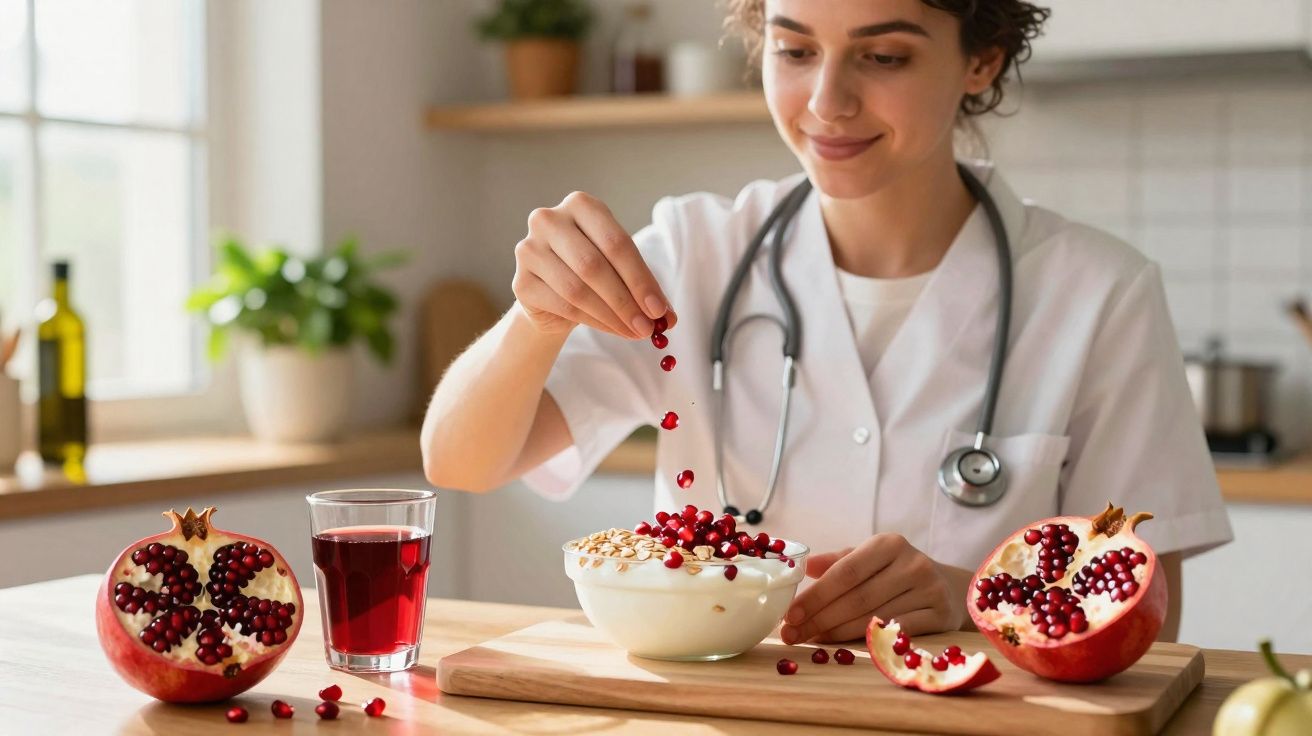 Profissional de saúde com bata branca a adicionar sementes de romã a taça de iogurte com granola numa cozinha.