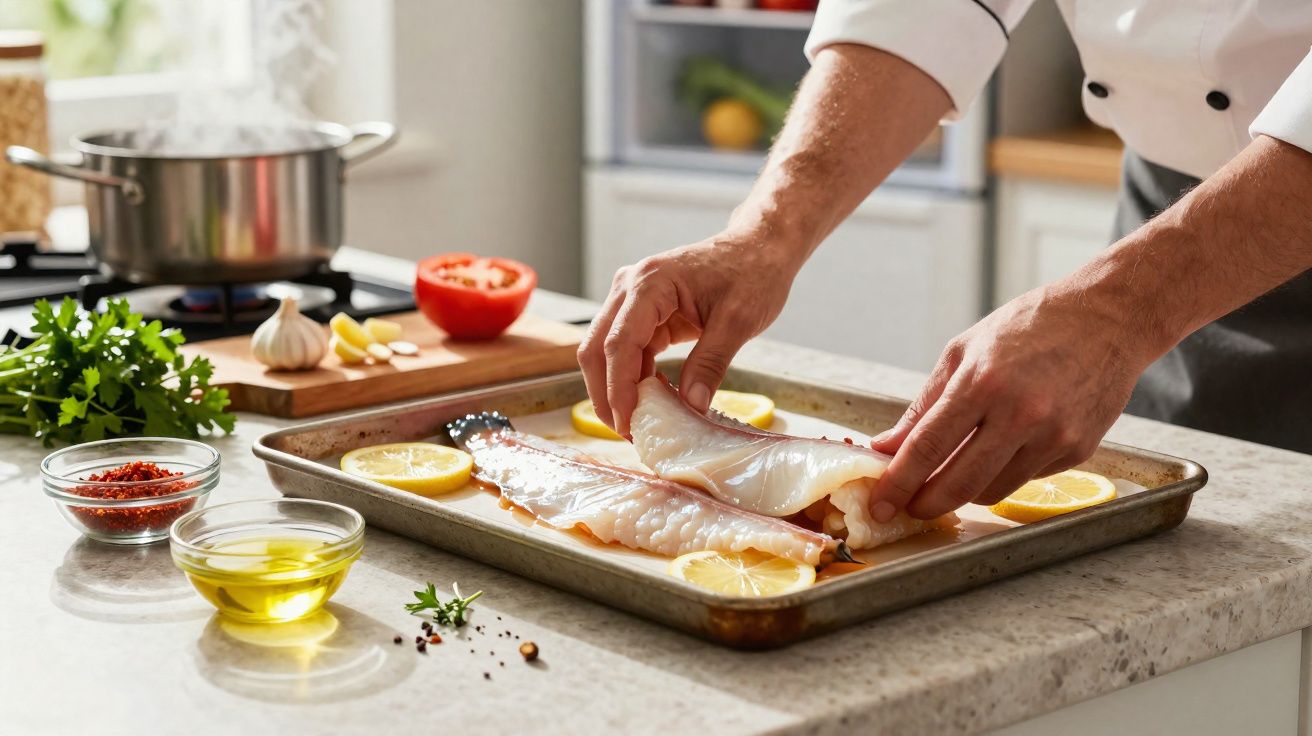 Chef a preparar filetes de peixe num tabuleiro com rodelas de limão numa cozinha moderna.