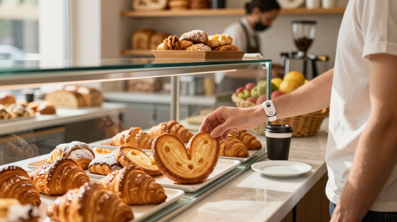 Pessoa a escolher pastelaria num balcão de padaria com vários croissants e folhados.