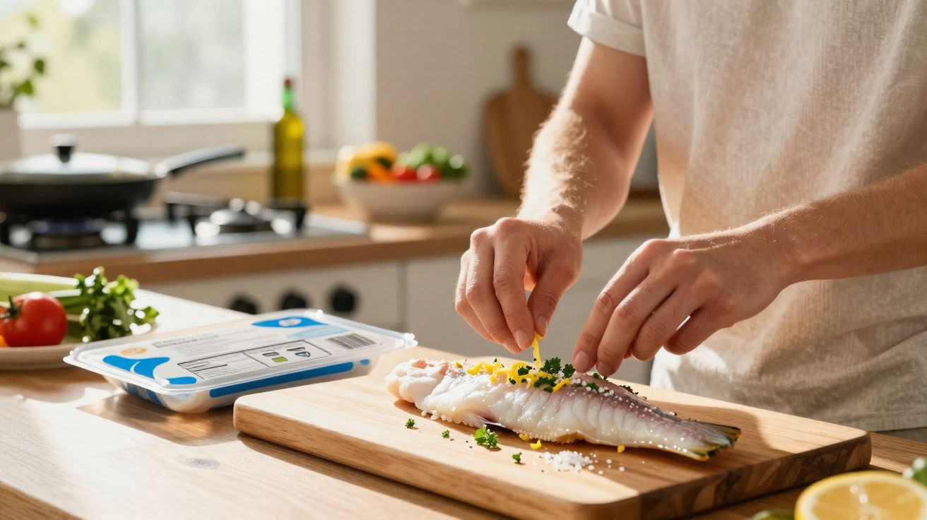 Pessoa a temperar peixe fresco com ervas e sal numa tábua de cozinha, rodeada de ingredientes.