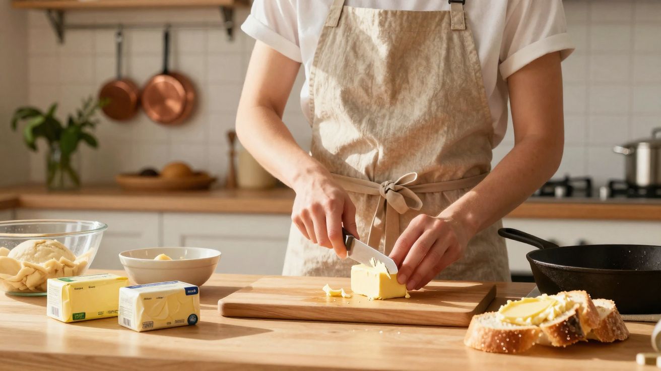 Pessoa a cortar manteiga numa cozinha com pão e ingredientes ao fundo.