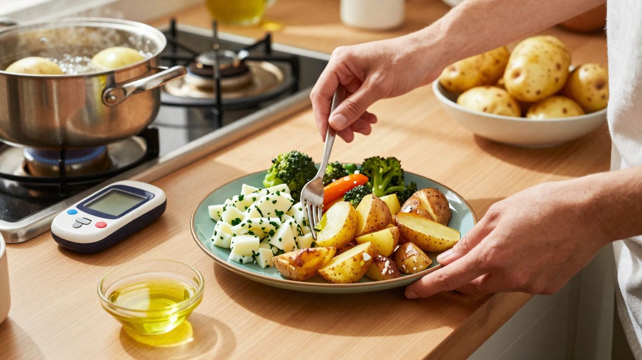 Prato com batatas assadas, legumes e brócolos com mão a colocar um garfo, perto de fogão, óleo e termómetro.