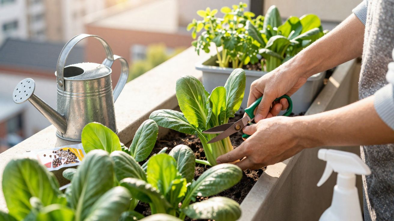 Pessoa a podar plantas verdes num jardim urbano com regador e pulverizador ao lado.