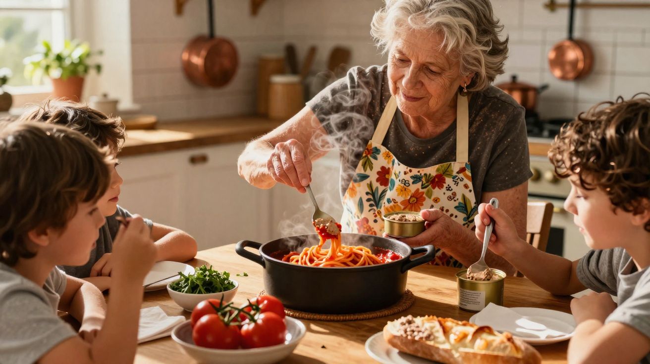 Idosa serve esparguete quente para três crianças numa cozinha acolhedora.