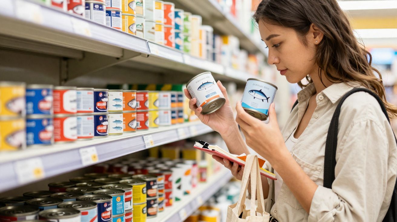 Mulher numa loja, comparando duas latas de conserva enquanto consulta uma lista de compras.