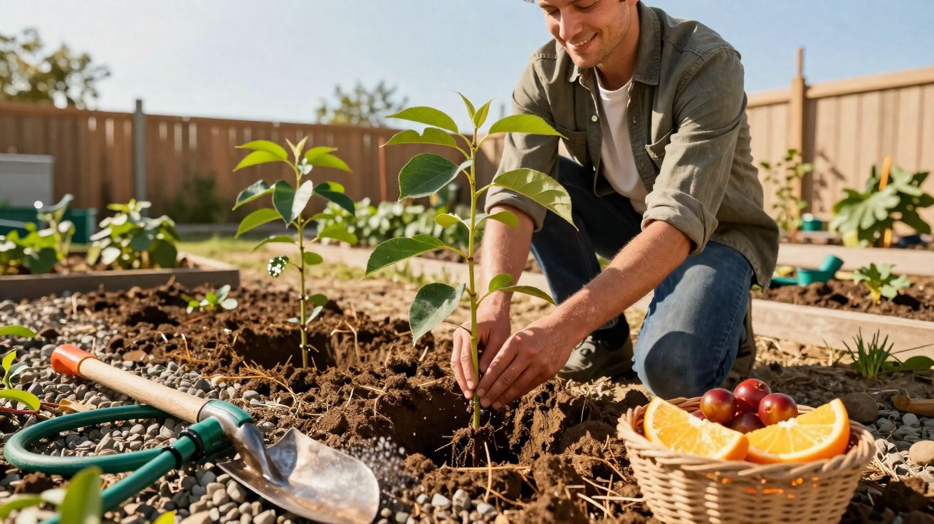 Homem a plantar uma muda numa horta, com uma cesta de frutas e ferramentas à sua volta.