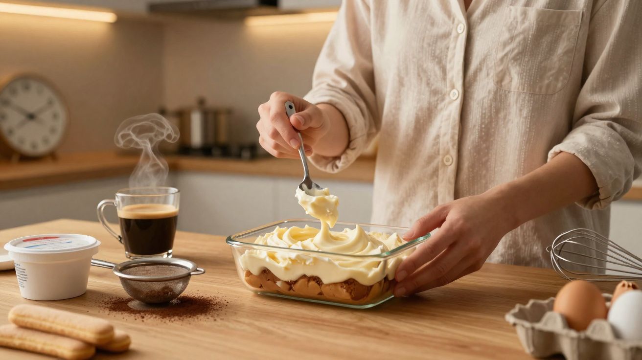 Pessoa a preparar tiramisu numa cozinha com ingredientes e café junto.