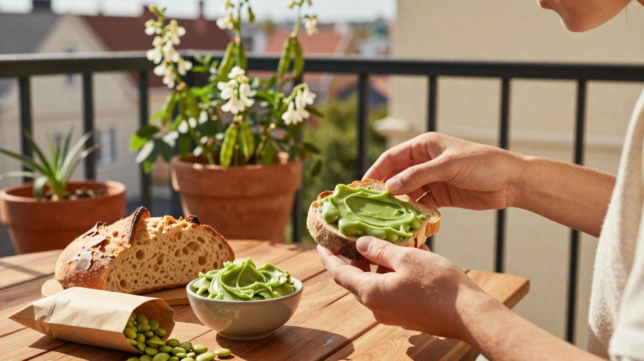 Pessoa a barrar pão com creme verde numa mesa de madeira ao ar livre com plantas ao fundo.