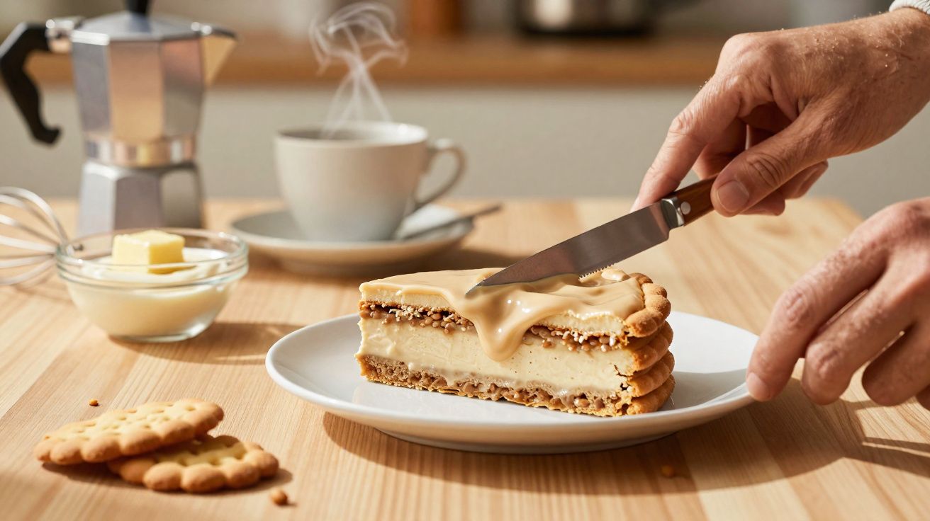 Fatia de tarte com cobertura cremosa a ser cortada com faca, chávena fumegante e manteiga em segundo plano.