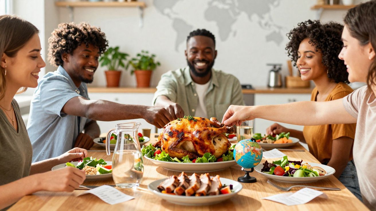 Grupo de quatro amigos sorridentes a partilhar uma refeição com frango assado numa mesa de madeira.