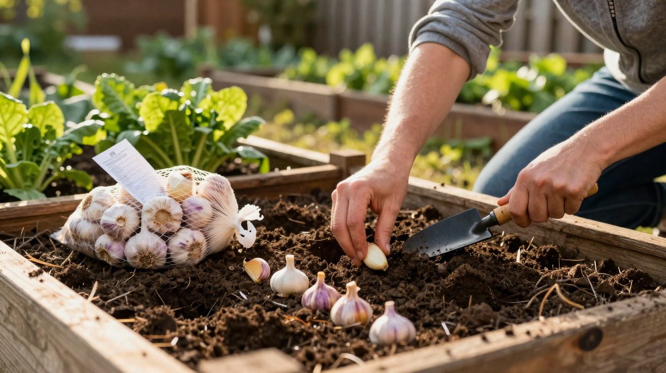 Pessoa a plantar dentes de alho num canteiro de terra numa horta caseira.