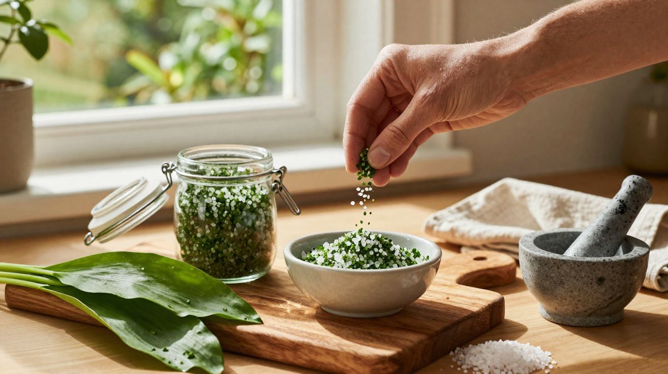 Pessoa a temperar mistura de sal grosso e ervas frescas num tacho branco numa cozinha luminosa.