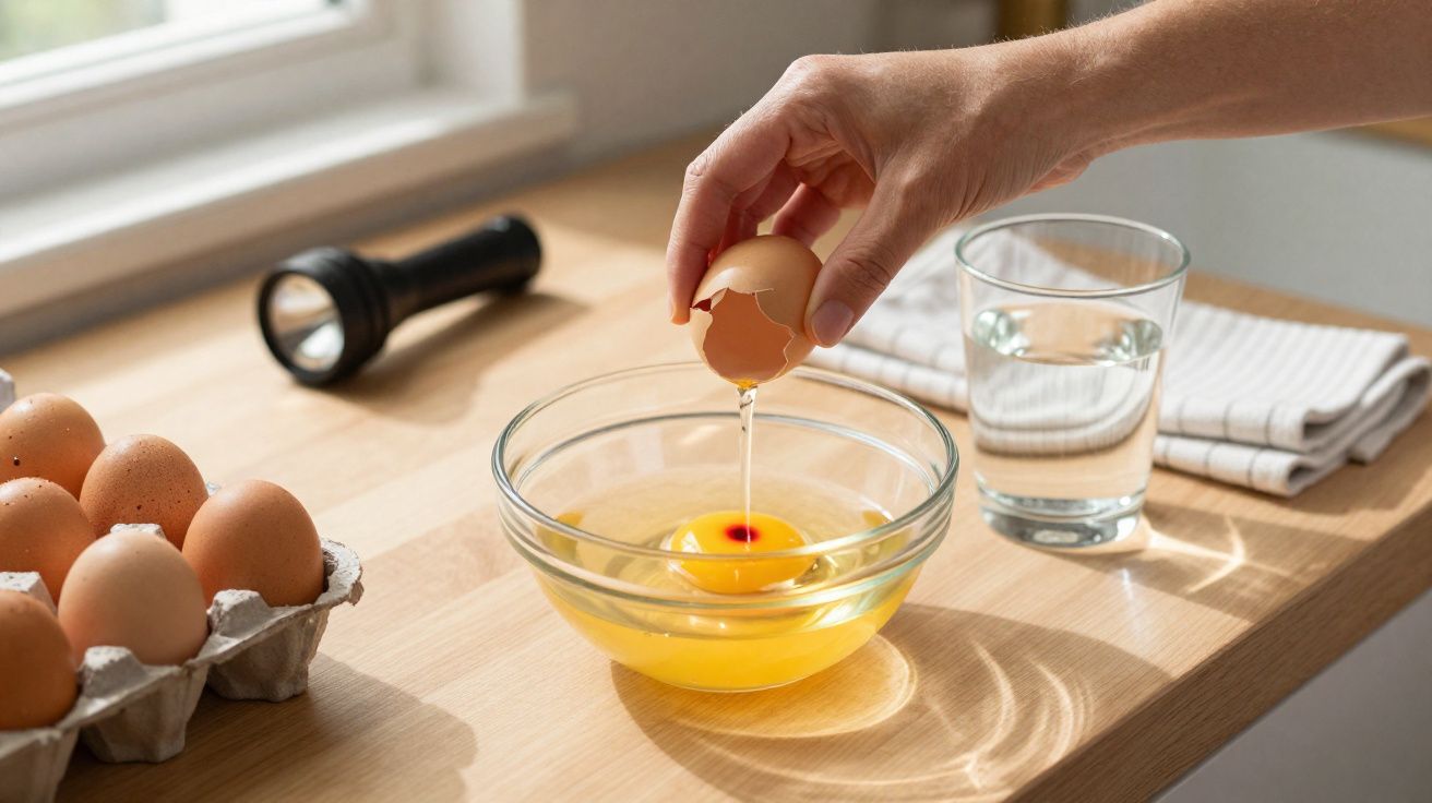 Mão a partir um ovo para uma taça transparente com ovos e um vidro de água numa bancada de madeira.