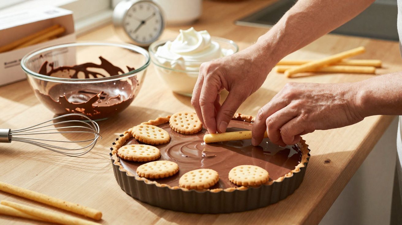 Mãos decoram tarte de chocolate com bolachas redondas e palitos numa cozinha com tigelas e batedor.