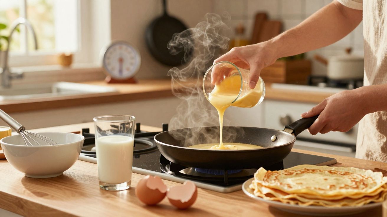 Pessoa a verter mistura para crepes numa frigideira quente na cozinha com ingredientes ao lado.