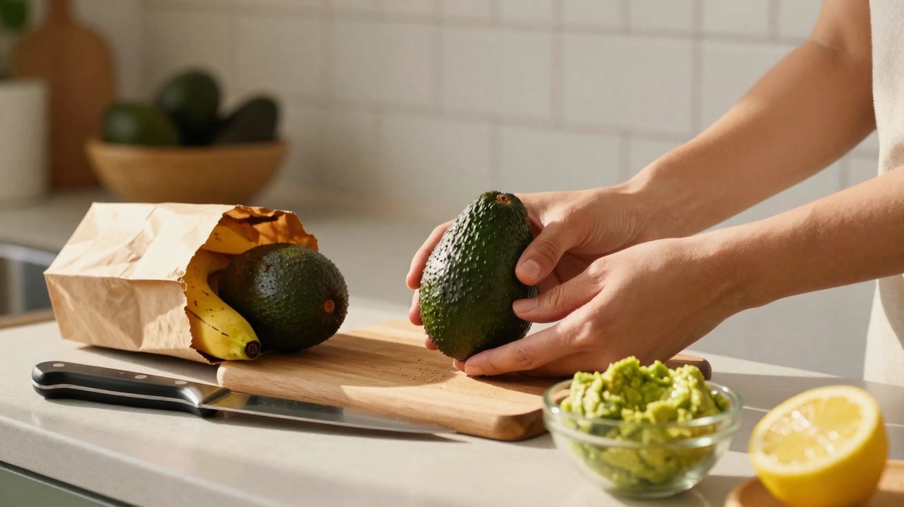 Pessoa a segurar um abacate ao lado de tábua de madeira, faca, abacates, bananas e puré de abacate.