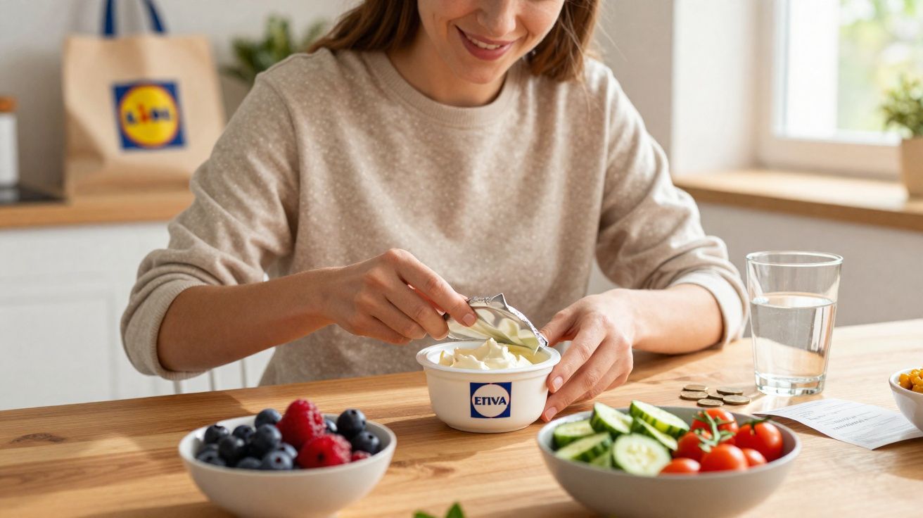 Mulher a comer iogurte Etiva com uma colher, frutas vermelhas e legumes numa mesa de madeira.