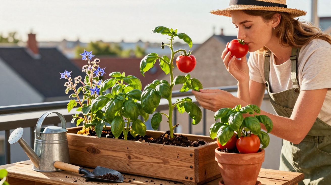 Mulher com chapéu a cheirar tomate numa varanda com plantas e ferramentas de jardinagem.