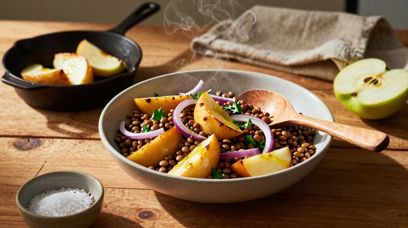 Prato com lentilhas, maçã grelhada, cebola roxa e ervas, com uma colher de madeira, sal e meia maçã ao lado.