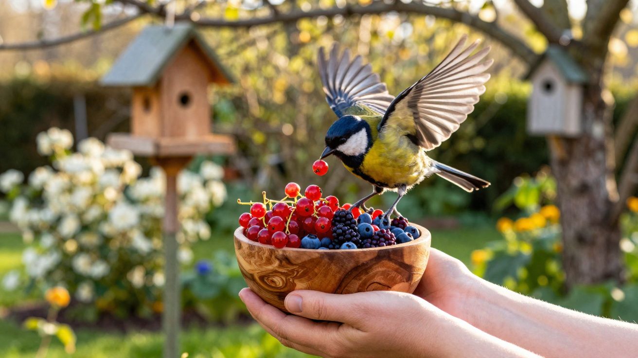 Pássaro pousado numa taça de madeira cheia de frutos vermelhos, segurada por mãos ao ar livre.