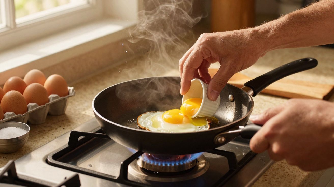 Pessoa a cozinhar ovos estrelados numa frigideira sobre o fogão a gás numa cozinha iluminada natural.