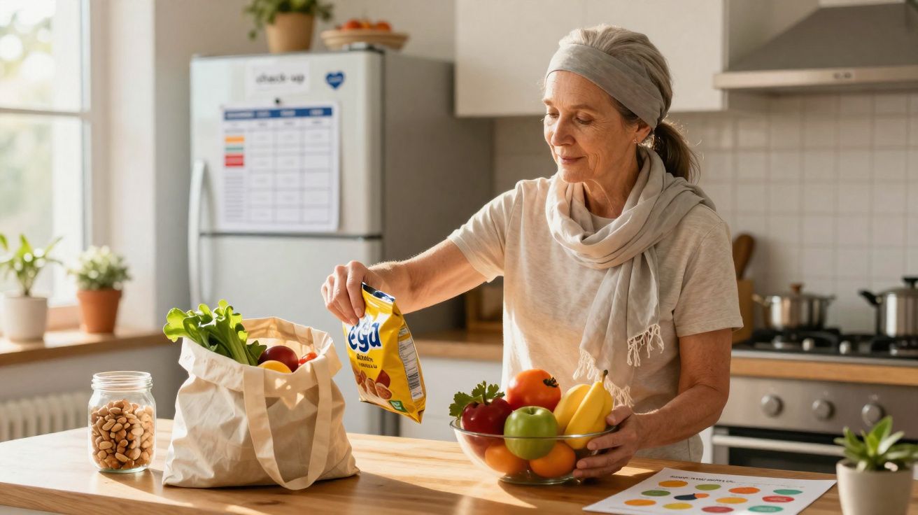 Mulher sénior na cozinha a colocar bolachas numa taça com frutas sobre a bancada de madeira.