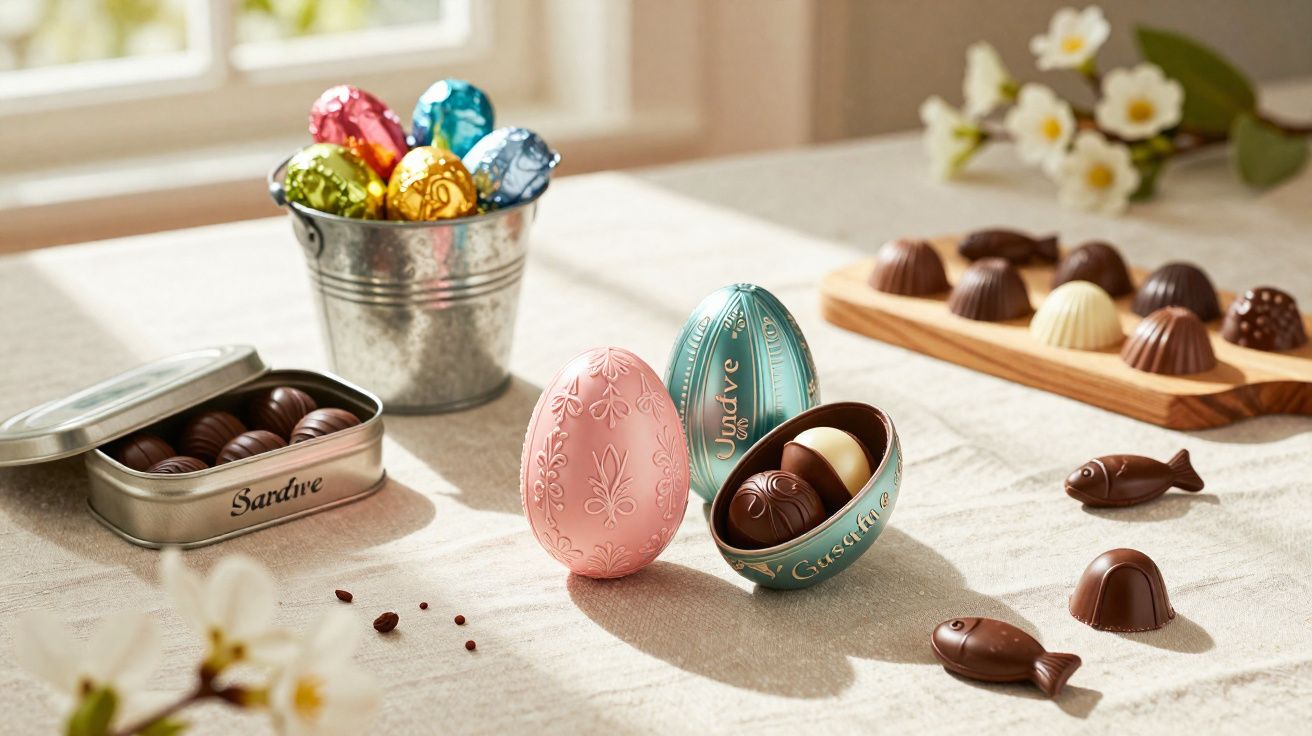 Ovos de chocolate e bombons em embalagens coloridas e latas metálicas sobre mesa com flores brancas.