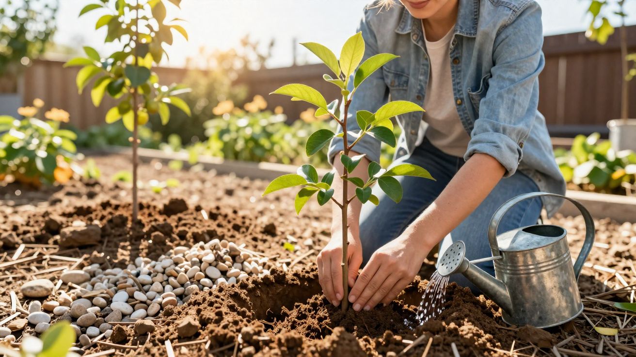 Pessoa a plantar uma muda jovem e a regar o solo num jardim ao ar livre ao pôr do sol.