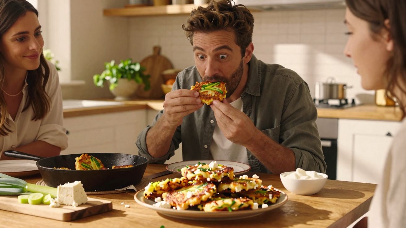 Homem a comer fatia de pizza caseira com duas mulheres à volta da mesa na cozinha.