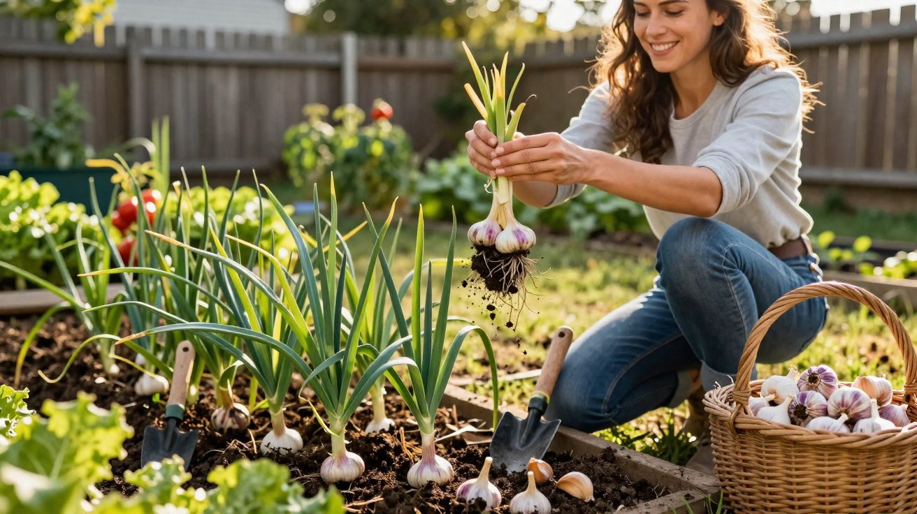 Mulher colhe dentes de alho num canteiro de jardim ao ar livre em dia soalheiro.