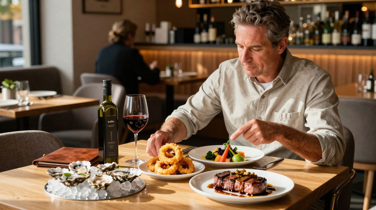 Homem sentado a jantar num restaurante com diversos pratos, vinho tinto e azeite sobre a mesa.