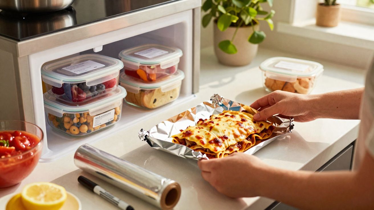 Pessoa a retirar lasanha de papel de alumínio junto a micro-ondas e recipientes com alimentos na bancada da cozinha.