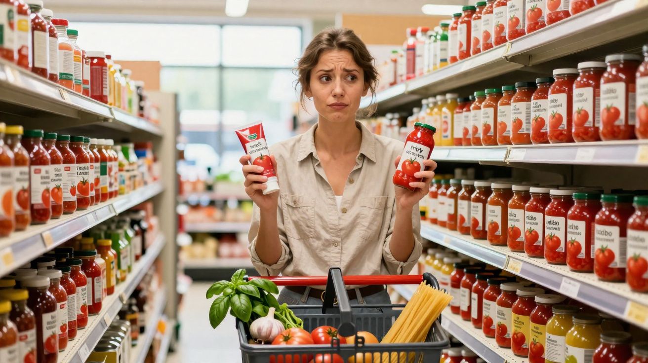 Mulher indecisa escolhe entre molho de tomate em garrafa e em tubo num supermercado.