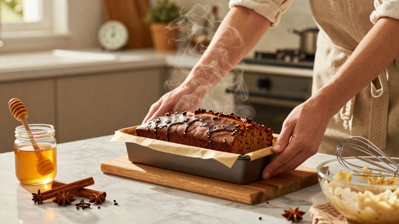 Pessoa a retirar bolo quente acabado de sair do forno numa cozinha com ingredientes de pastelaria na bancada.