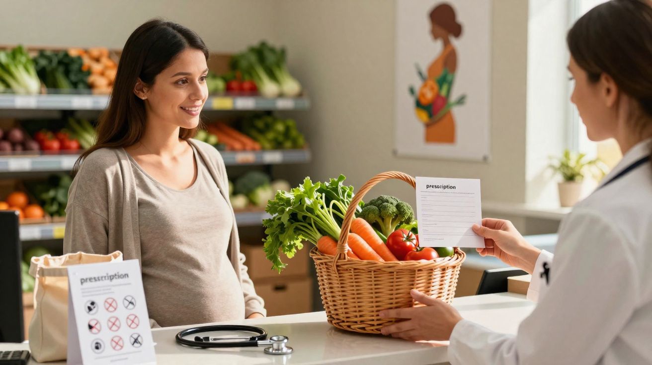 Mulher grávida recebe receita médica de profissional de saúde junto a cesto com legumes frescos.