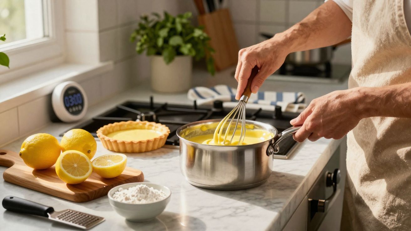 Pessoa a mexer creme amarelo numa panela na cozinha com limões e tarte de limão na bancada.