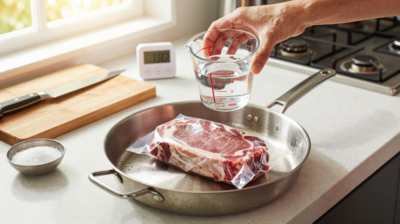 Bife embalado a vácuo numa frigideira de inox com pessoa a verter água medida com copo medidor.