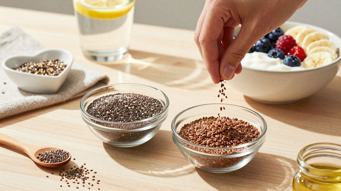 Mão a despejar sementes sobre duas taças com sementes, ao lado de colher, iogurte com fruta e copo de limonada.